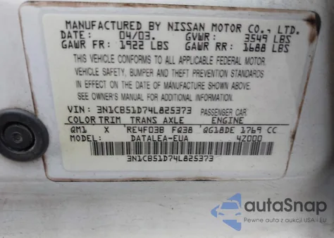 2004 Nissan Sentra 1.8S z USA, uszkodzony, nr VIN 3N1CB51D74L825373